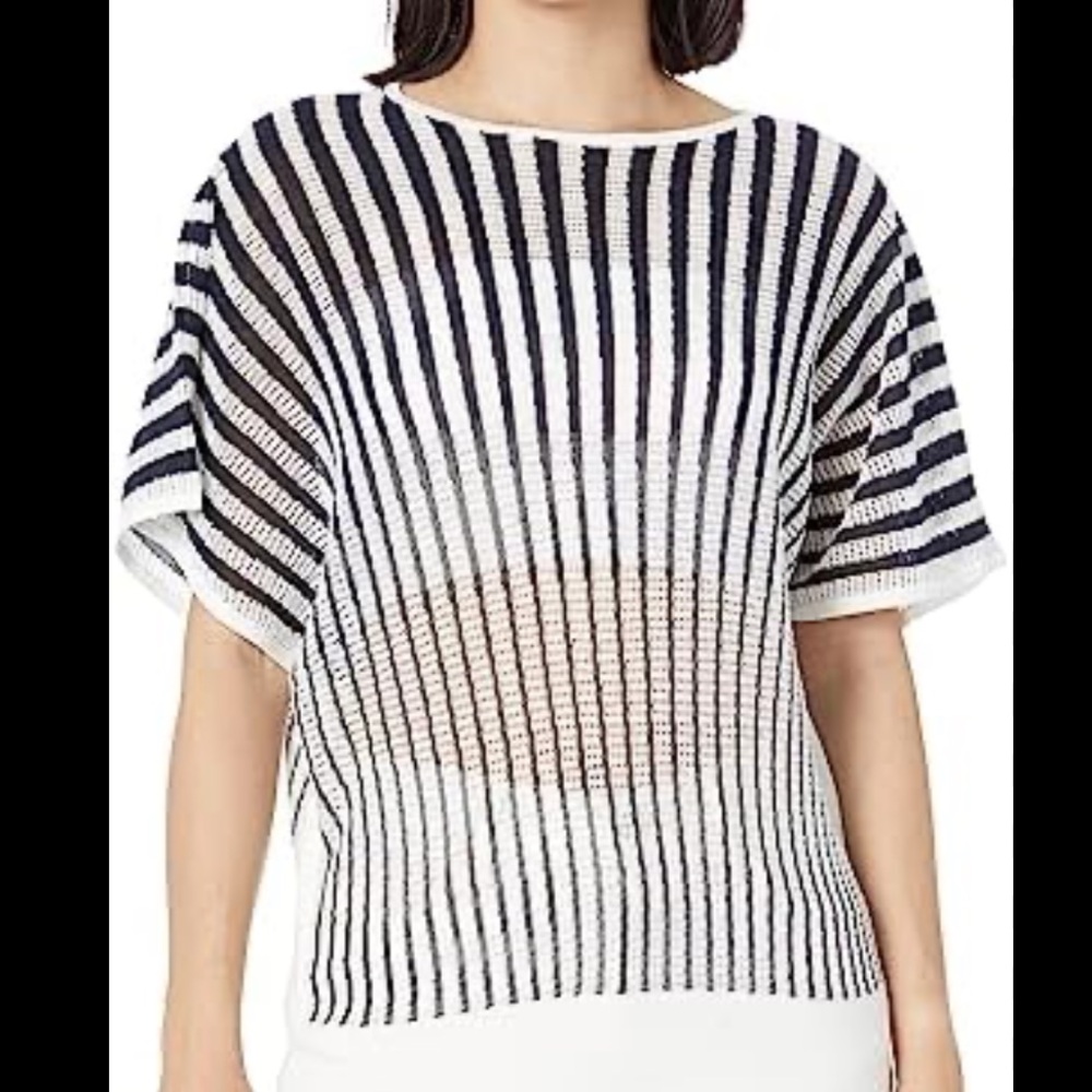 Club Monaco Novelty Pointelle Striped Sweater in Navy and White